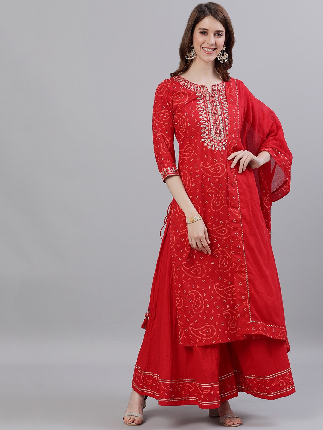 

Ishin Bandhani Printed Gotta Patti Pure Cotton Kurta with Sharara & With Dupatta, Red