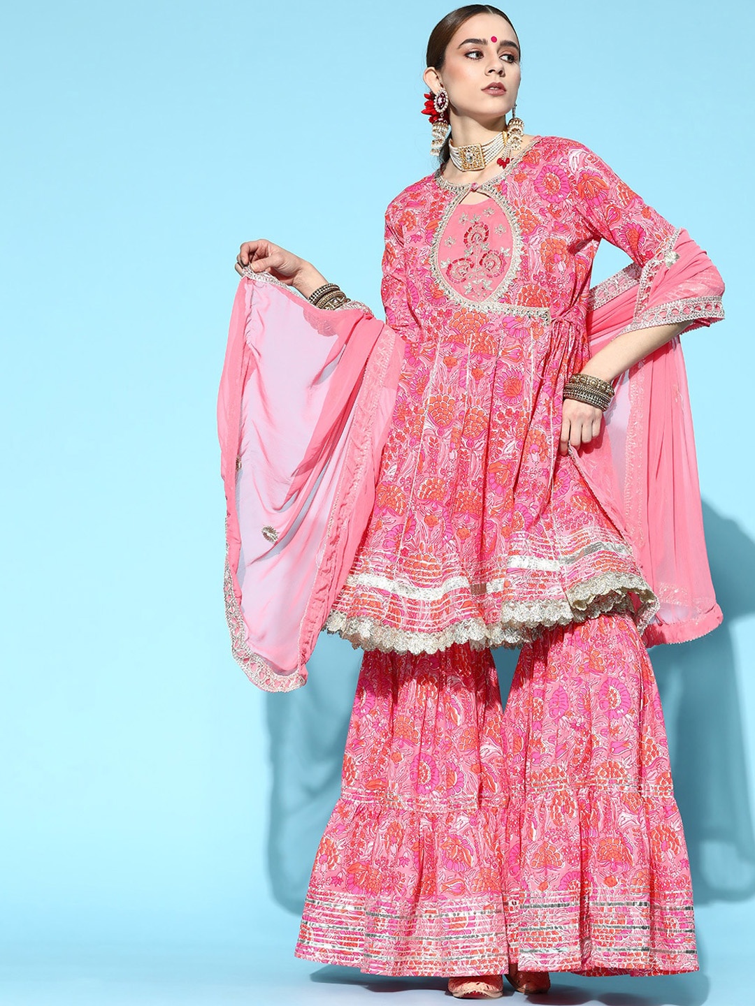 

Ishin Floral Printed Angrakha Gotta Patti Pure Cotton Kurta with Sharara & With Dupatta, Pink