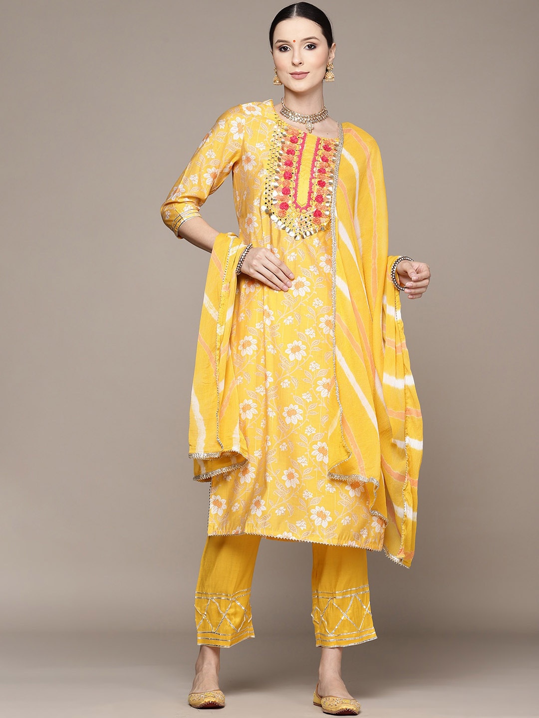 

Ishin Floral Yoke Design Mirror Work Kurta with Trousers & With Dupatta, Yellow