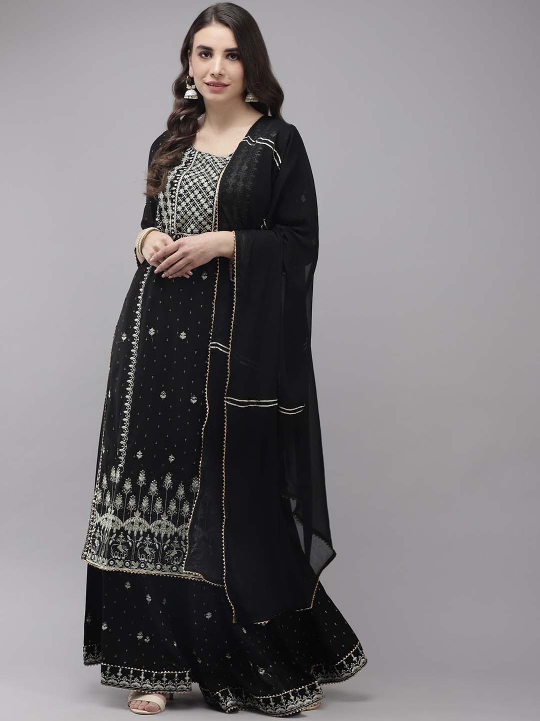 

Ishin Ethnic Motifs Embroidered Kurta with Sharara & With Dupatta, Black