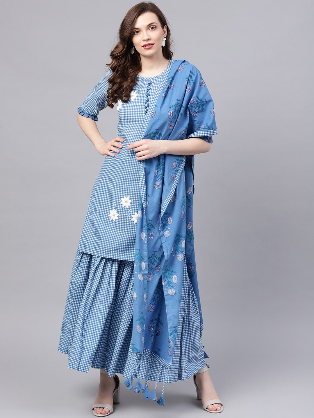 

Ishin Printed Thread Work Pure Cotton Kurta with Sharara & With Dupatta, Blue
