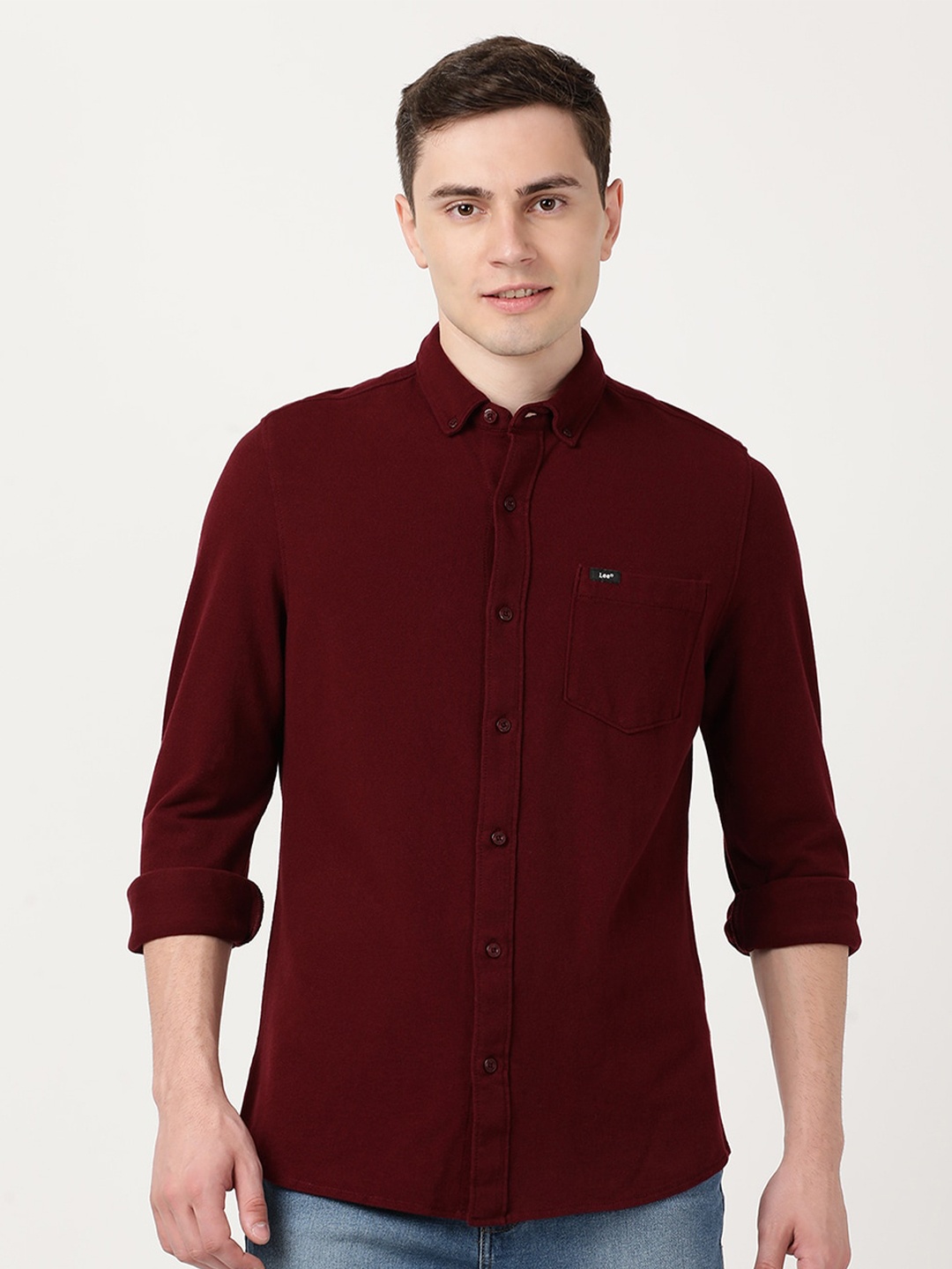 

Lee Men Slim Fit Button Down Collar Cotton Casual Shirt, Red