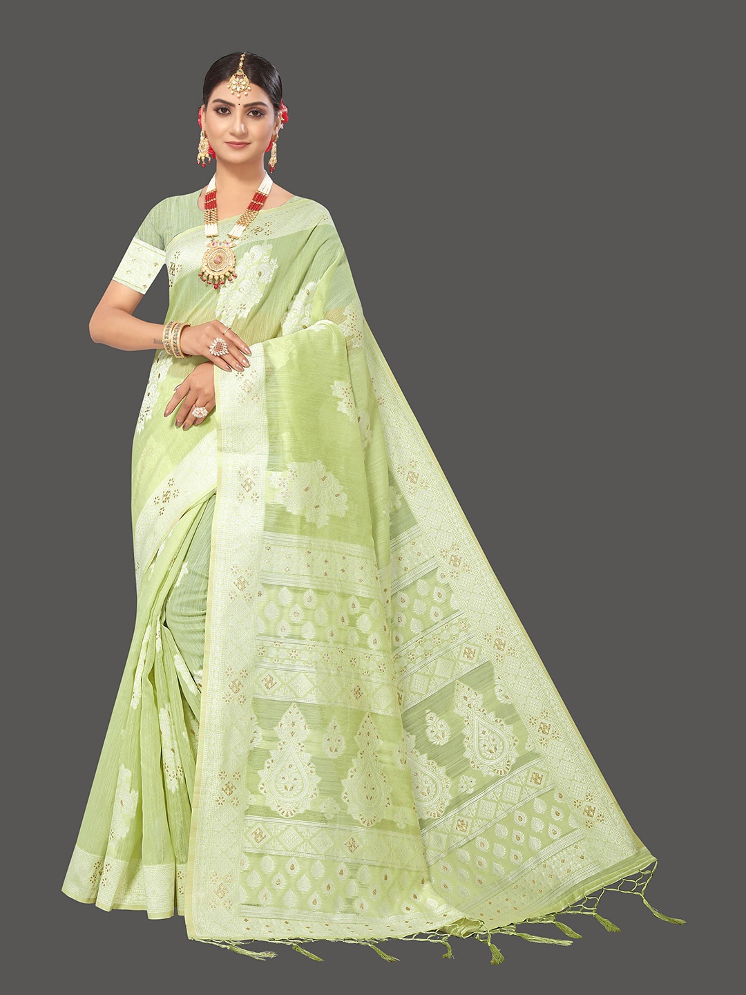 

Mitera Lime Woven Design Zari Banarasi Saree, Lime green