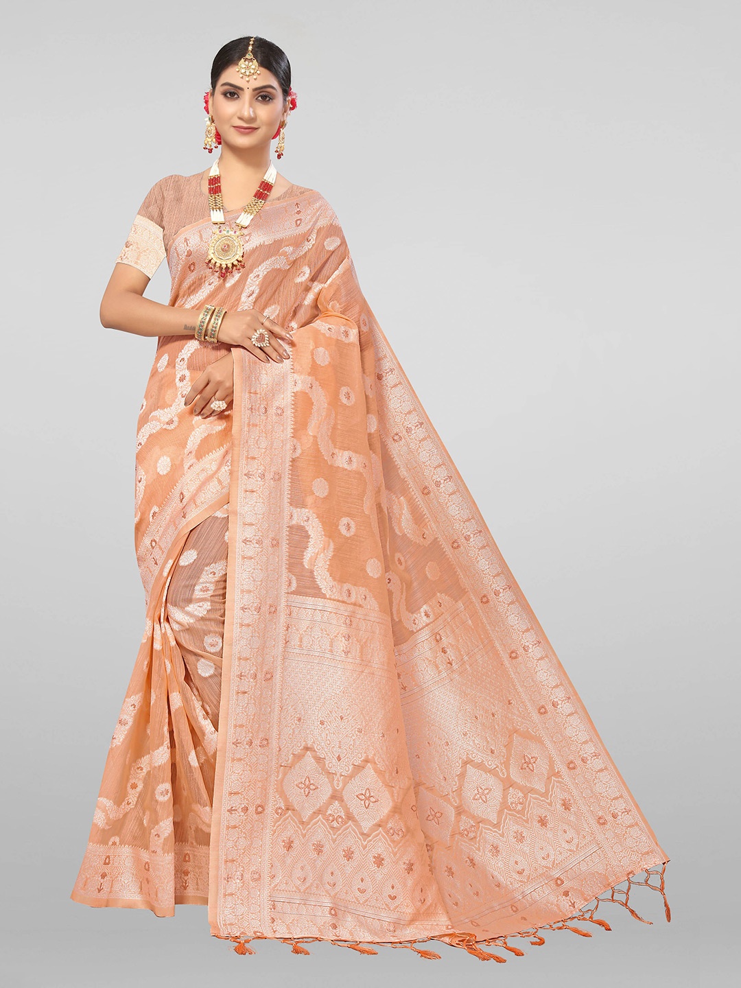 

Mitera Peach-Coloured & Gold-Toned Woven Design Zari Fusion Banarasi Saree