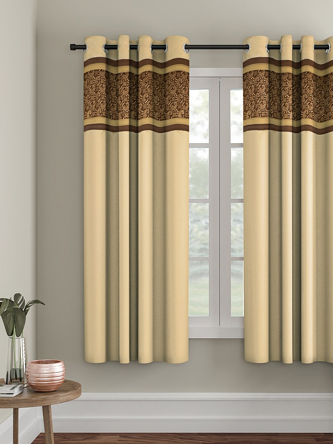 

eyda Beige & Brown Embroidered Room Darkening Window Curtain