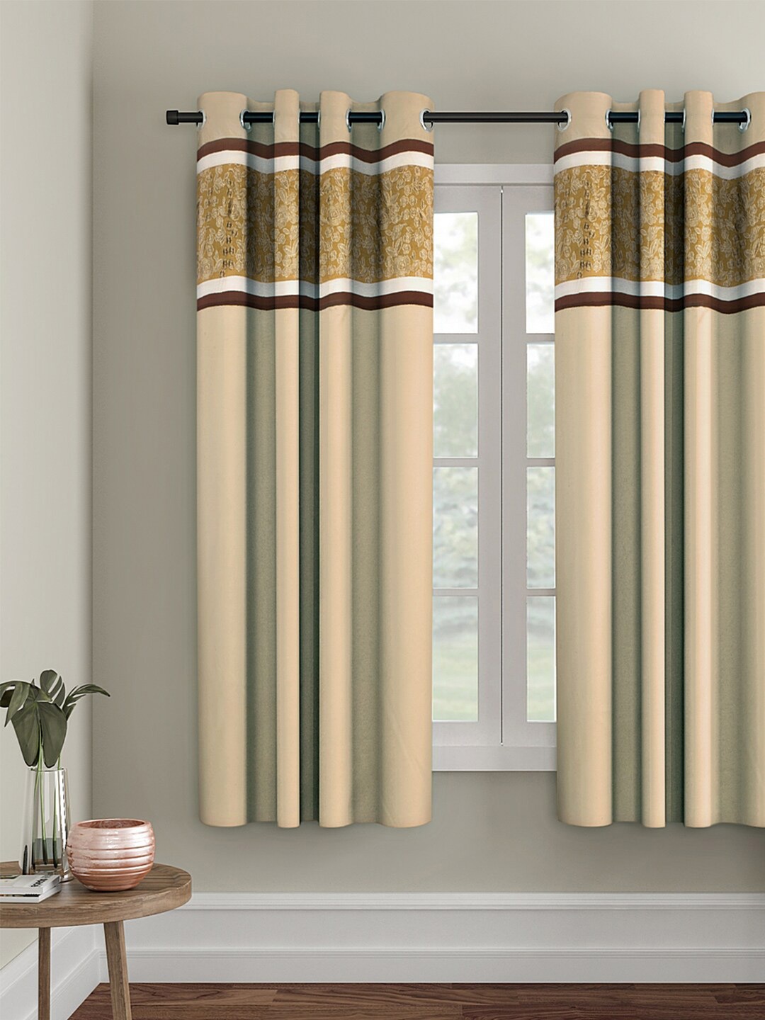 

eyda Beige & Brown Embroidered Room Darkening Window Curtain