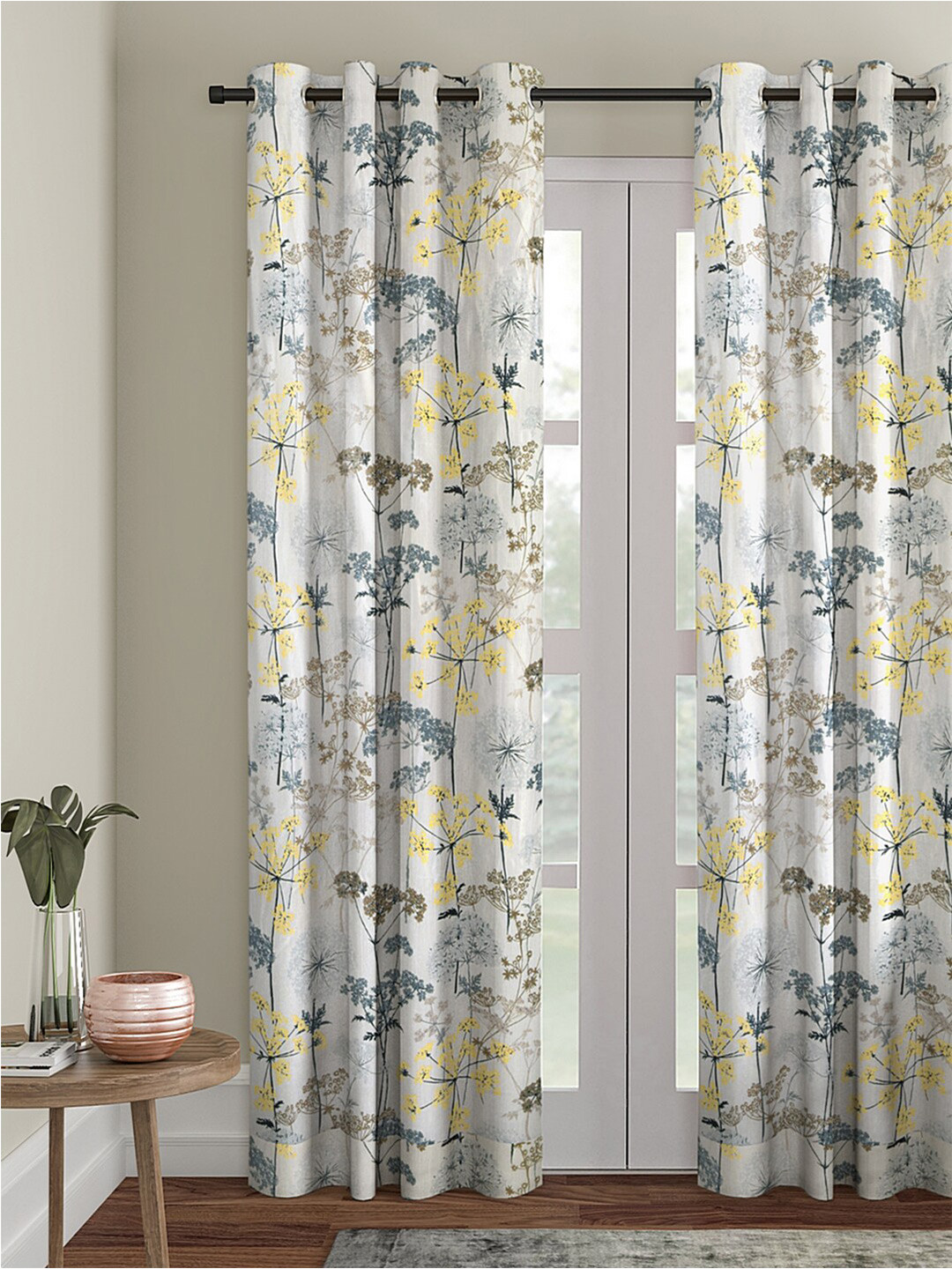 

eyda Off White & Yellow Floral Long Door Curtain