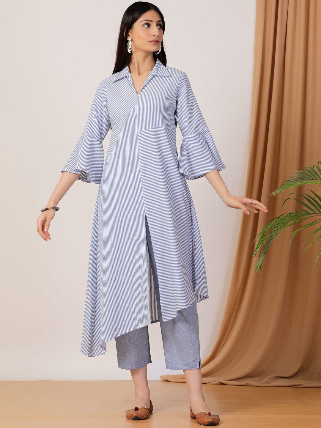 

EMPRESS PITARA Striped Pure Cotton Kurta with Trousers, Blue