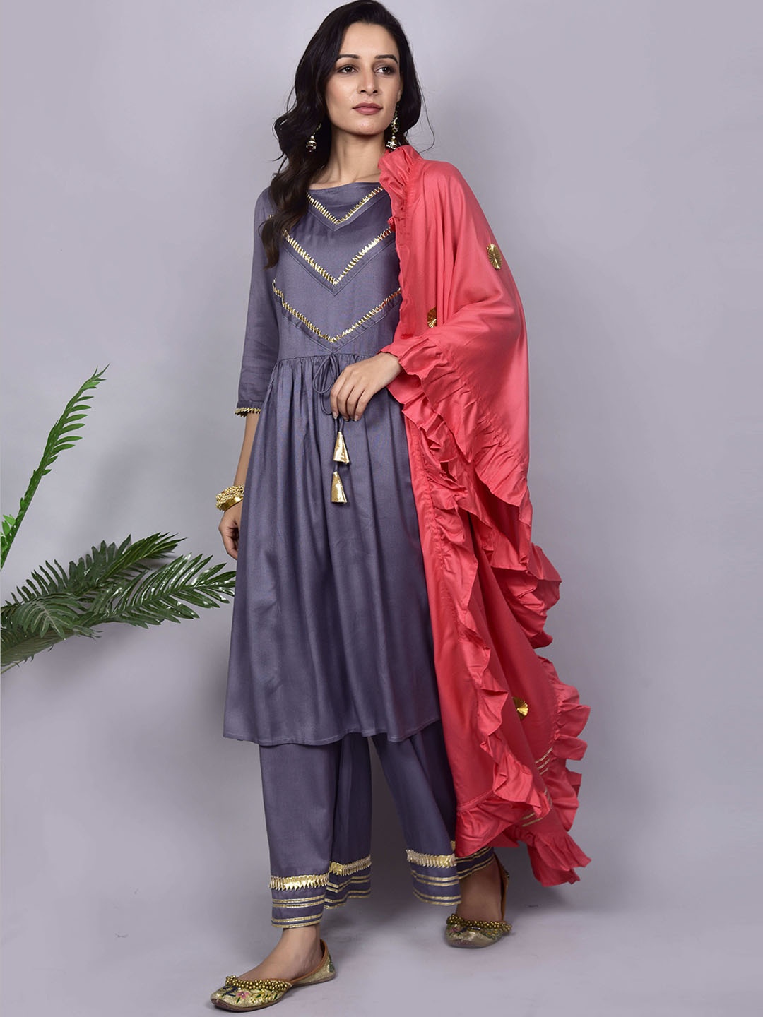 

EMPRESS PITARA Kurta with Palazzos & With Dupatta, Grey