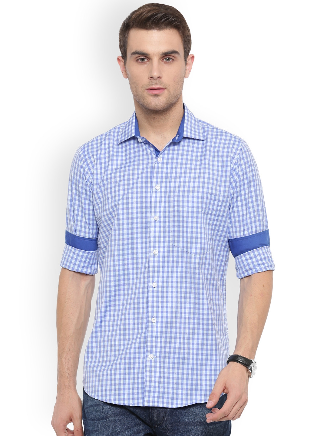 

Shaftesbury London Men Blue Comfort Slim Fit Checked Formal Shirt