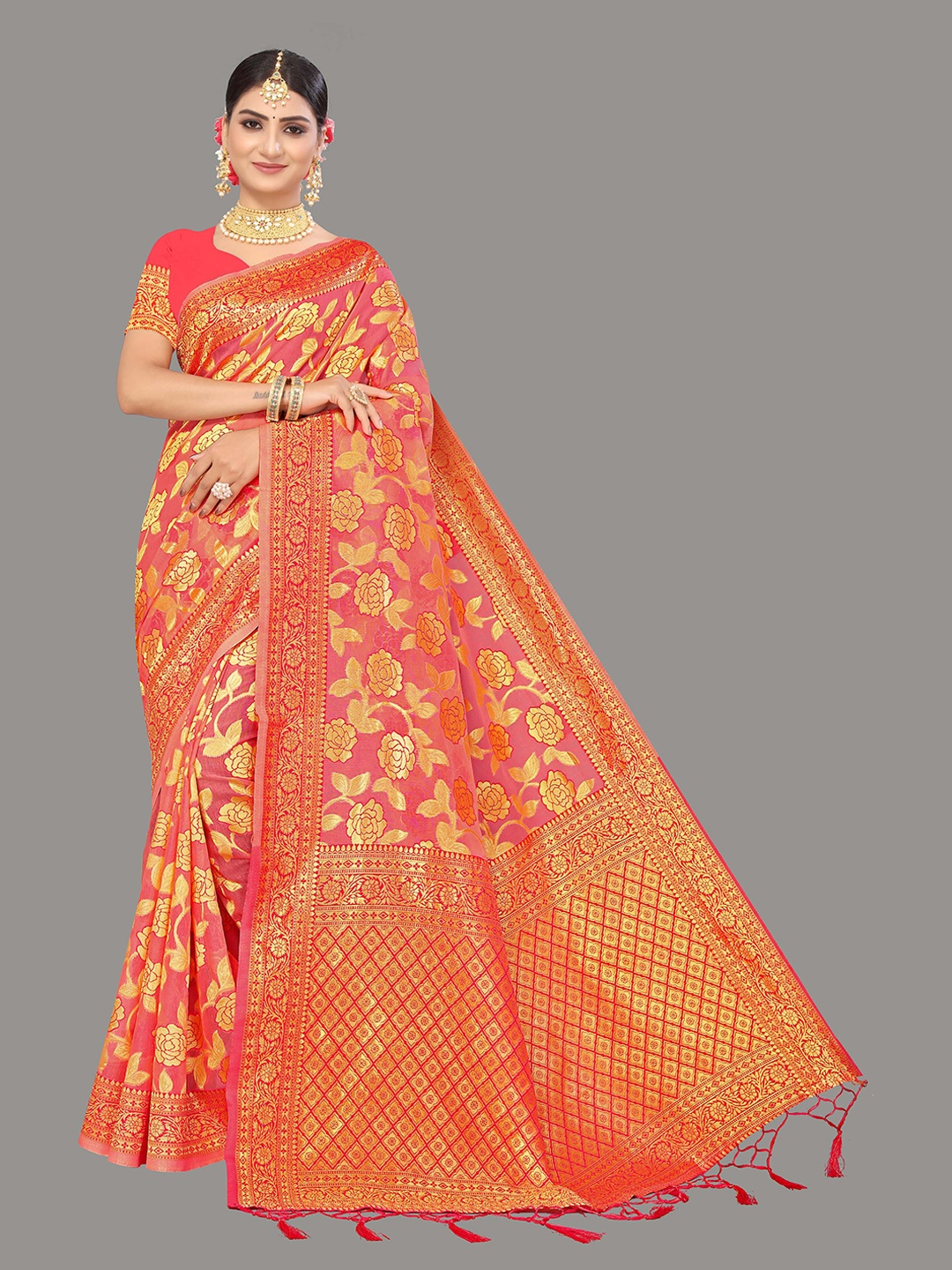 

Mitera Woven Design Zari Silk Cotton Banarasi Saree, Peach