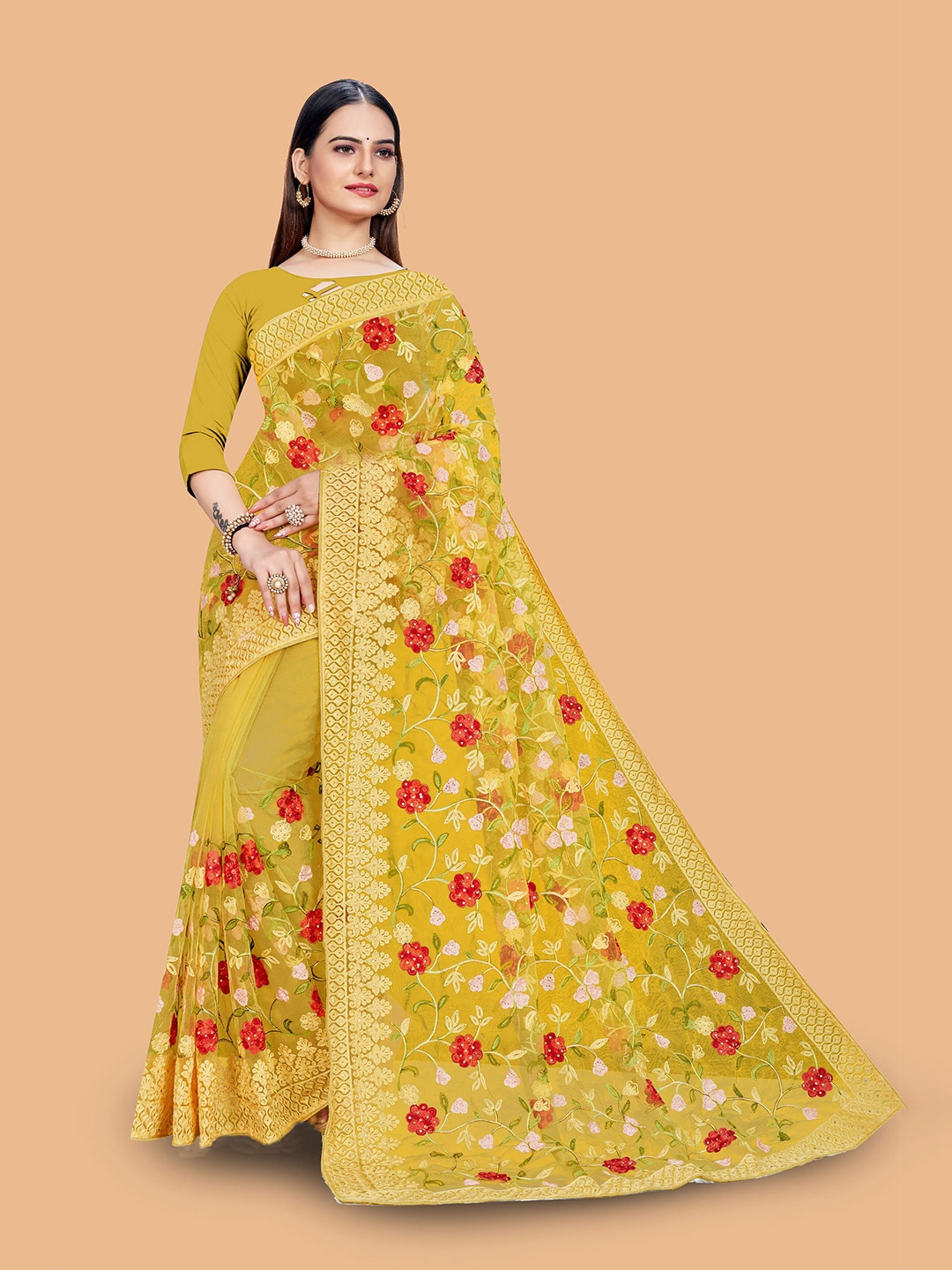 

Mitera Floral Embroidered Net Saree, Yellow