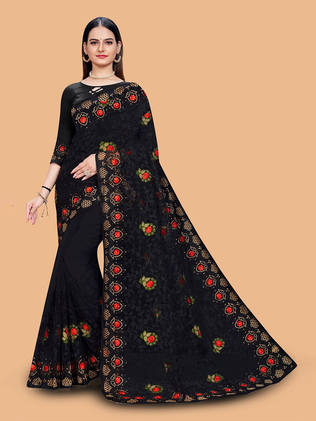 

Mitera Floral Embroidered Net Saree, Black