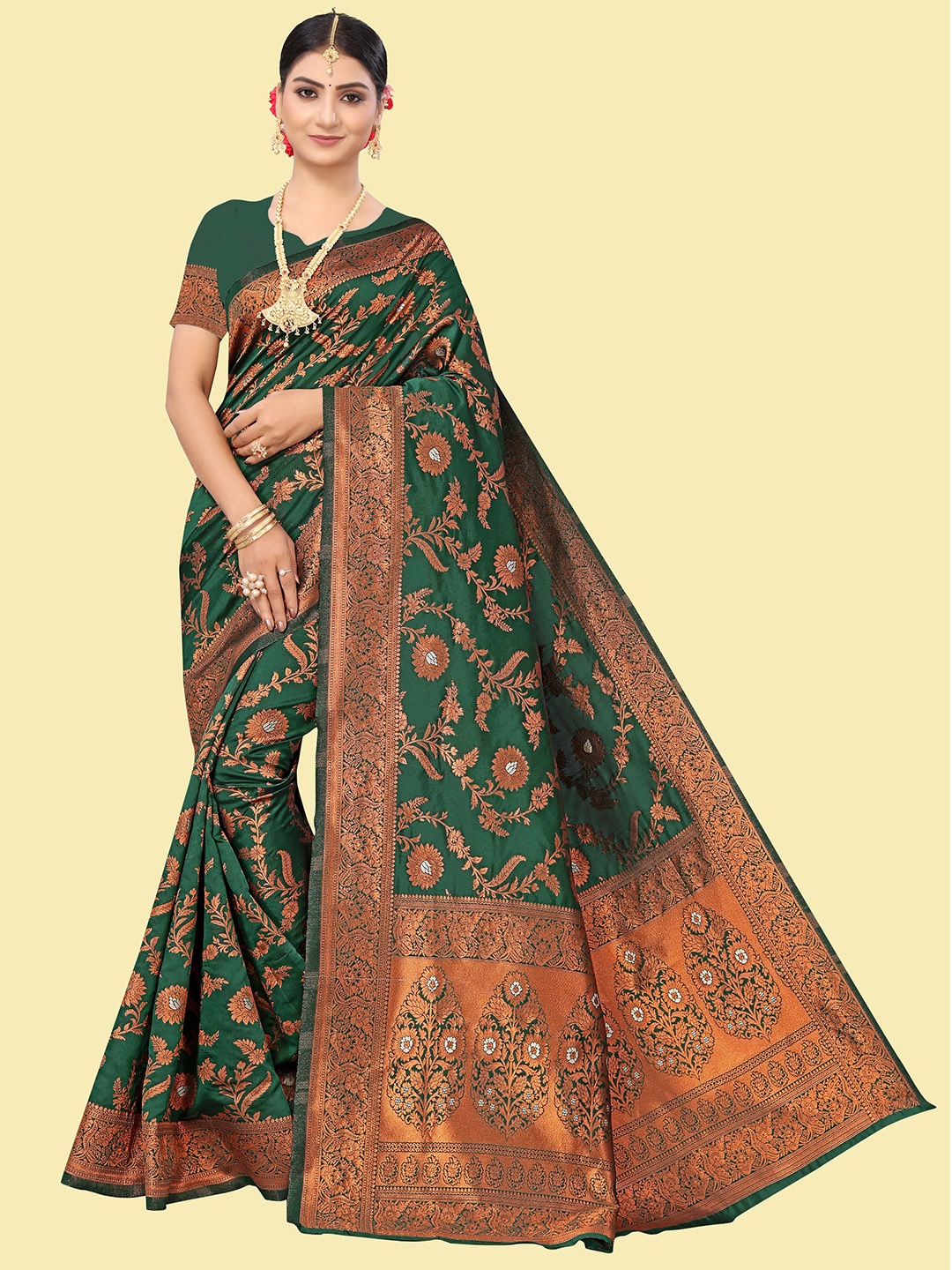 

Mitera Woven Design Zari Silk Blend Banarasi Saree, Olive