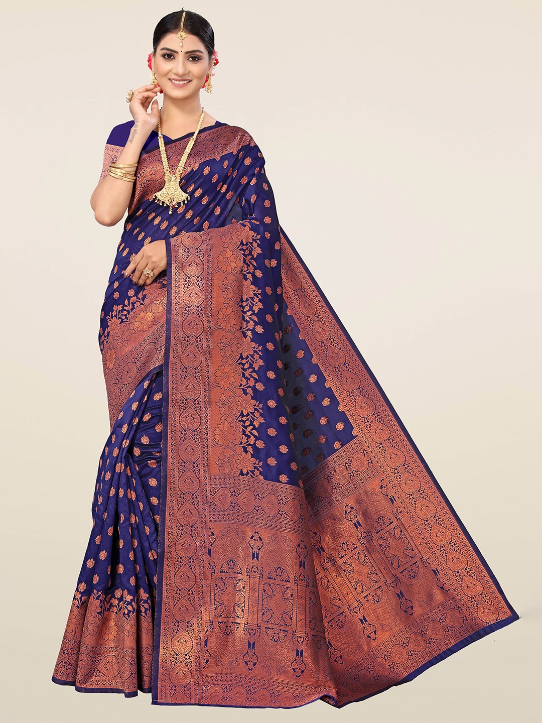 

Mitera Woven Design Zari Silk Blend Banarasi Saree, Navy blue