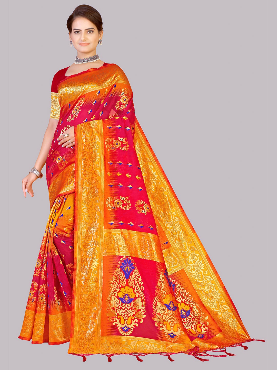 

Mitera Woven Design Zari Silk Blend Banarasi Saree, Yellow