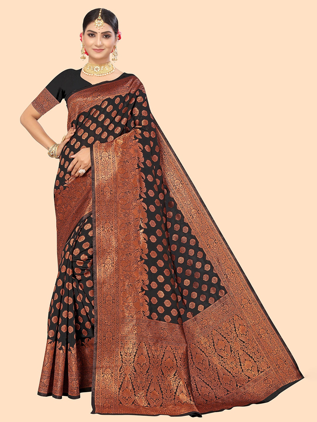 

Mitera Woven Design Zari Silk Blend Banarasi Saree, Black