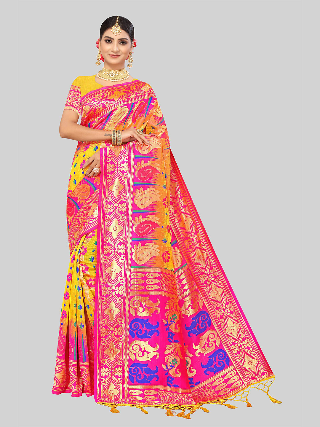 

Mitera Woven Design Zari Silk Blend Banarasi Saree, Yellow
