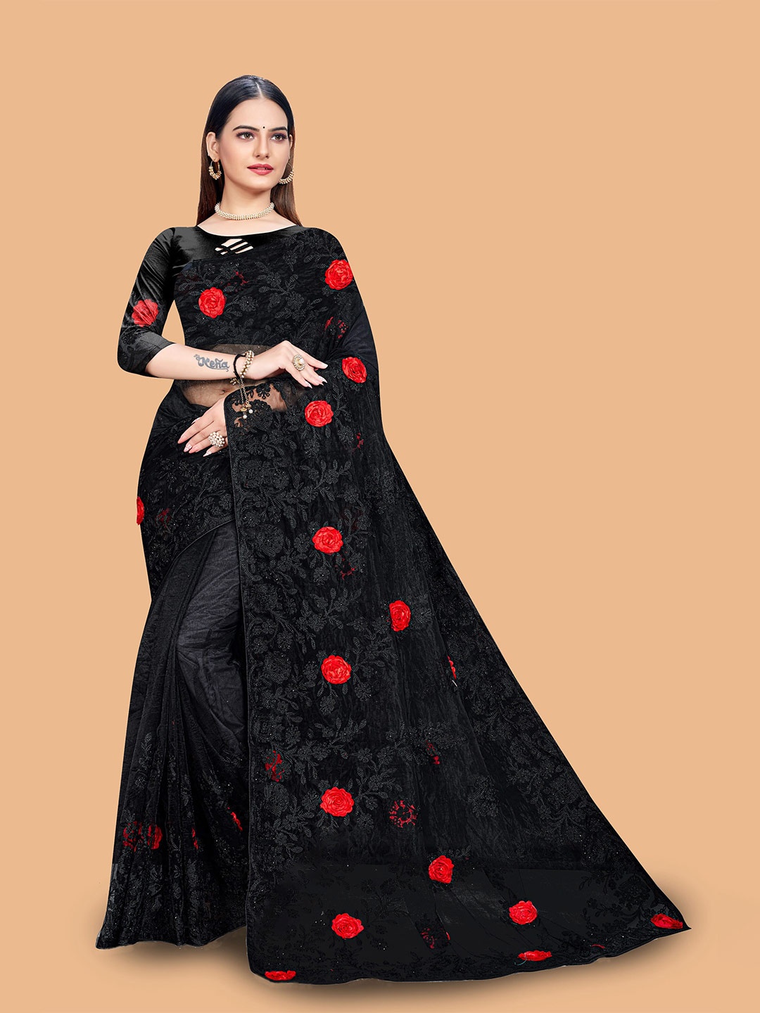 

Mitera Floral Embroidered Net Saree, Black