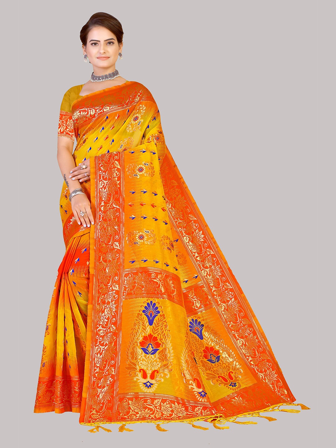 Mitera Woven Design Zari Silk Blend Banarasi Saree, Gold