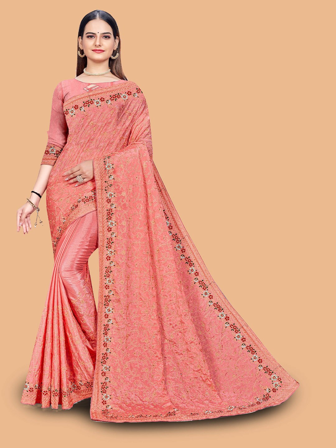 

Mitera Floral Embroidered Silk Blend Saree, Peach