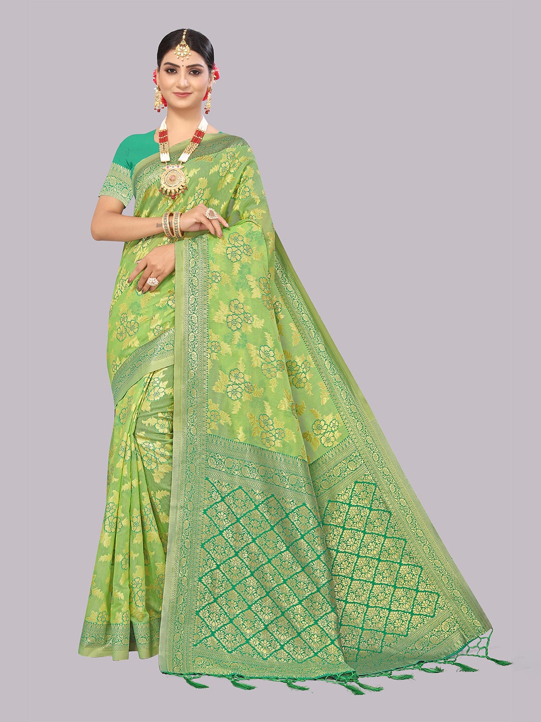 

Mitera Woven Design Zari Banarasi Saree, Lime green