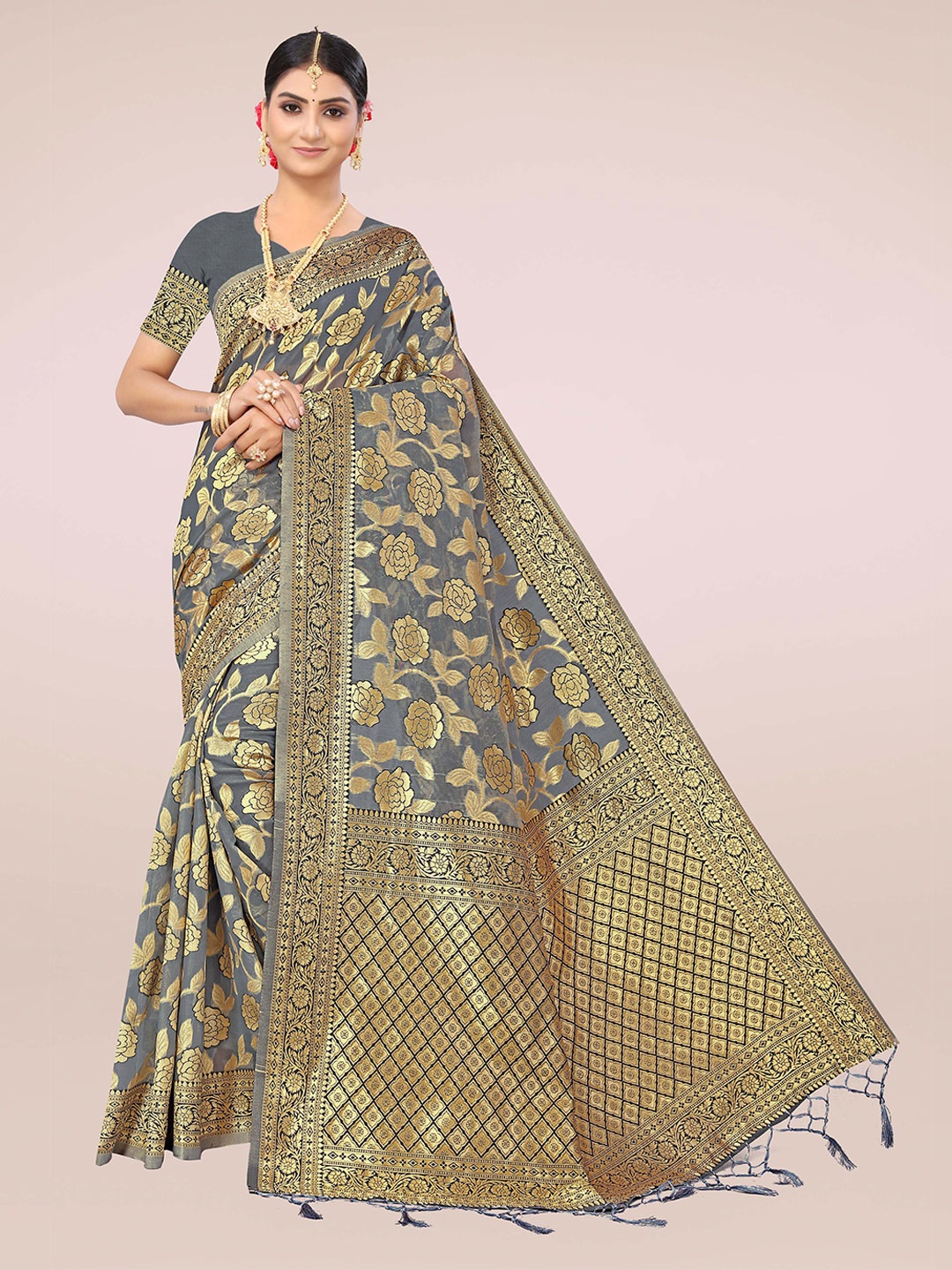 Mitera Woven Design Zari Silk Cotton Banarasi Saree, Grey