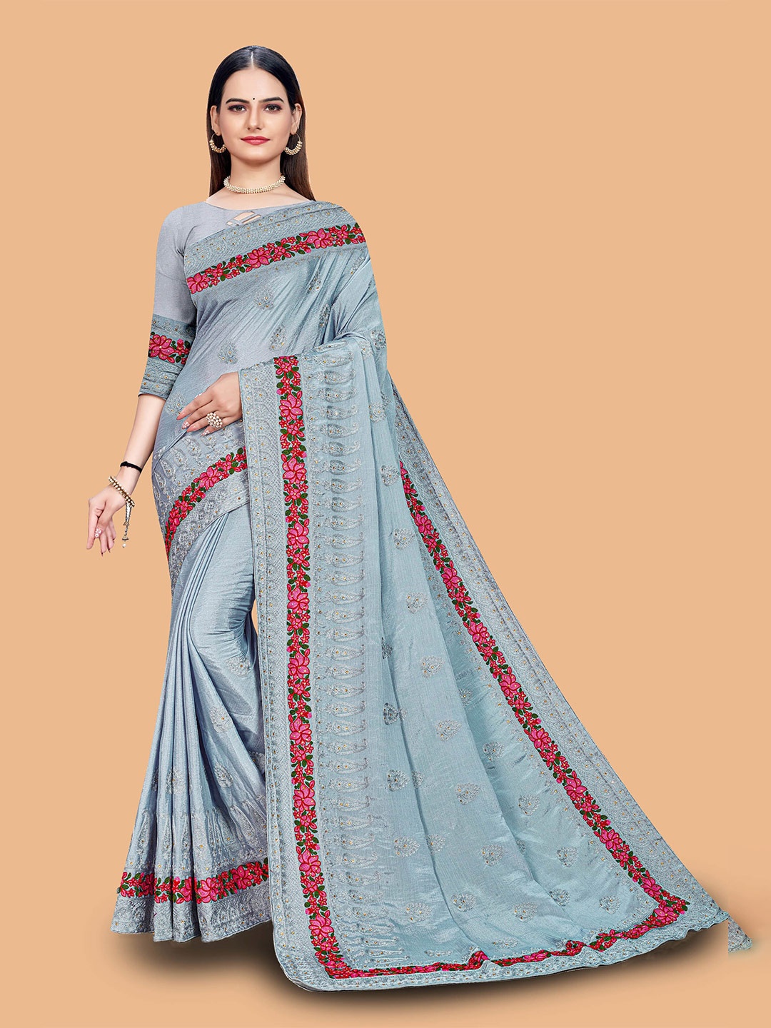 

Mitera Ethnic Motifs Embroidered Silk Blend Fusion Saree, Grey