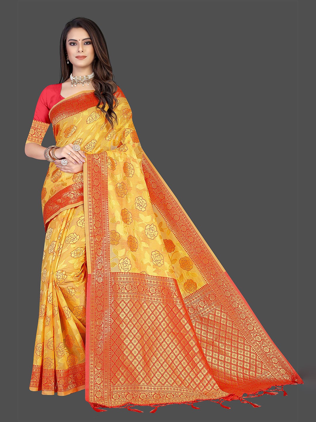 

Mitera Woven Design Zari Silk Cotton Banarasi Saree, Gold