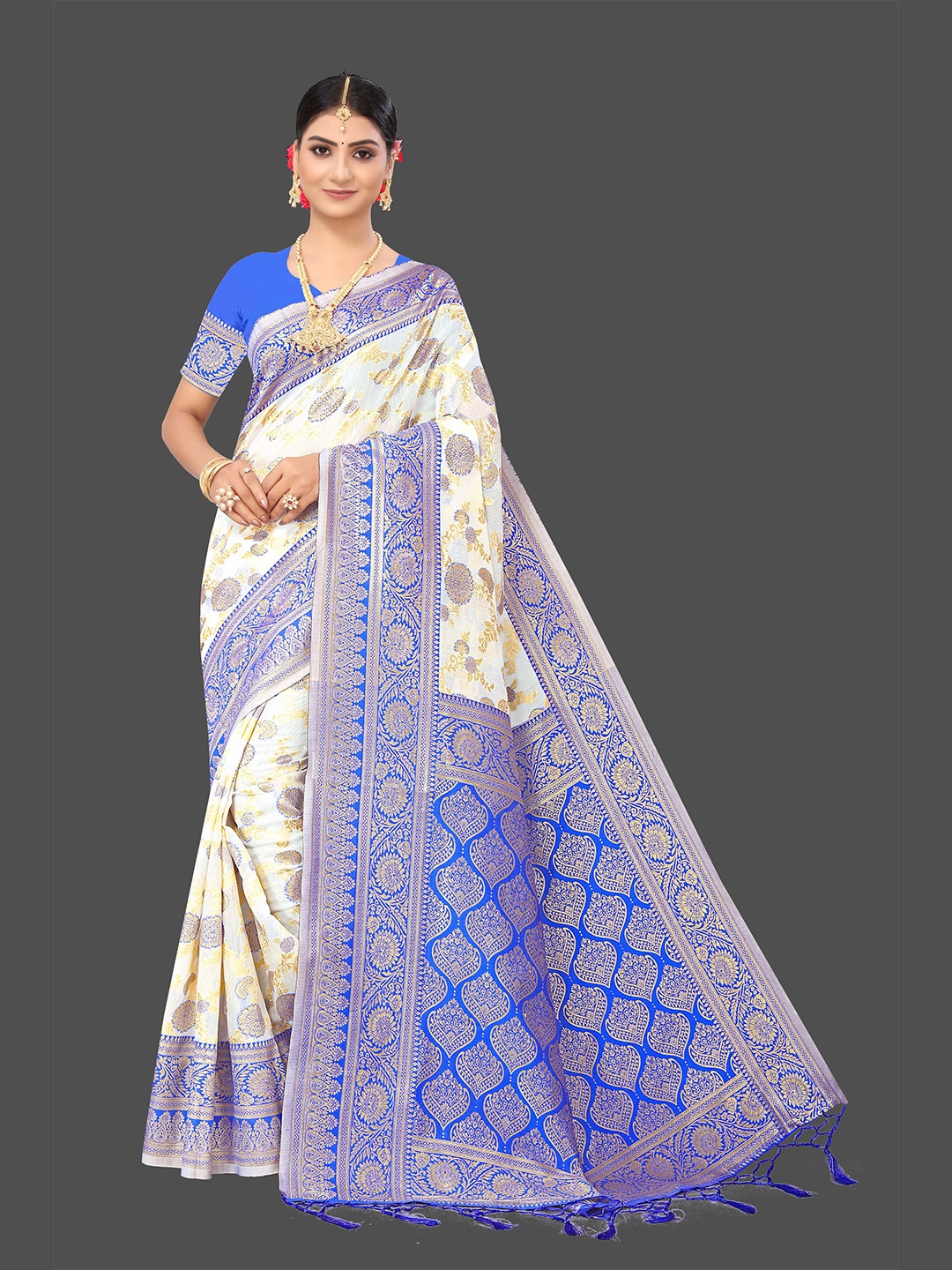 

Mitera Woven Design Zari Banarasi Saree, White
