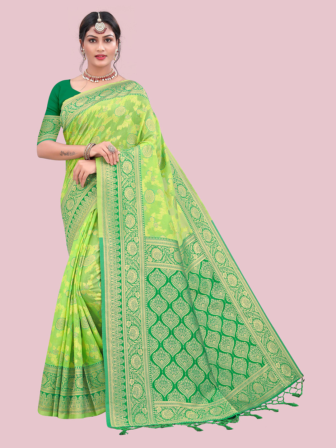 

Mitera Woven Design Zari Banarasi Saree, Lime green