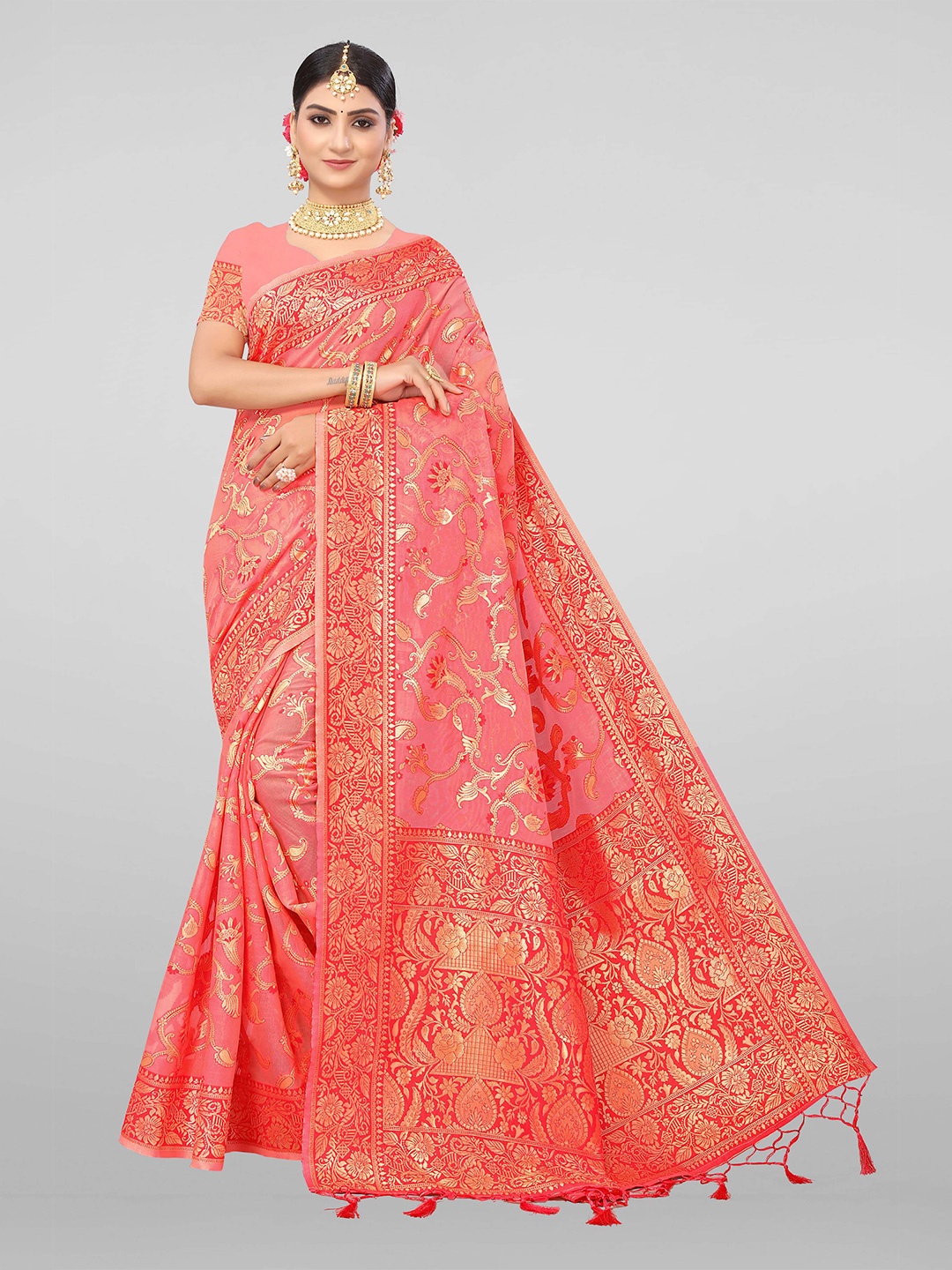 

Mitera Woven Design Zari Silk Cotton Banarasi Saree, Peach