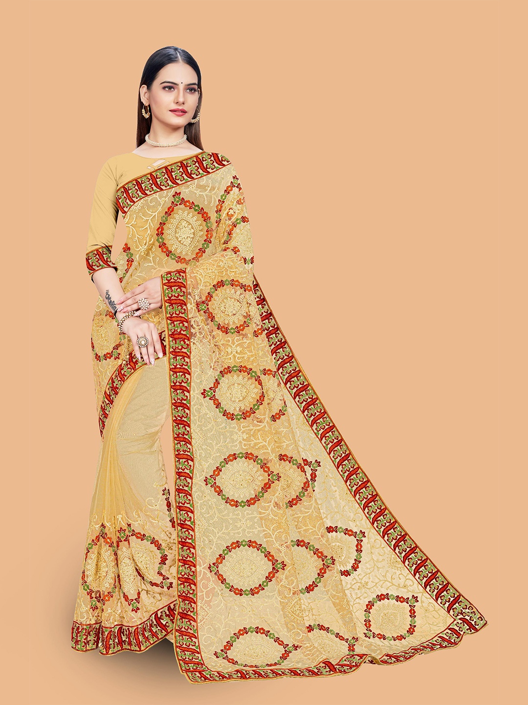 

Mitera Floral Embroidered Net Saree, Beige