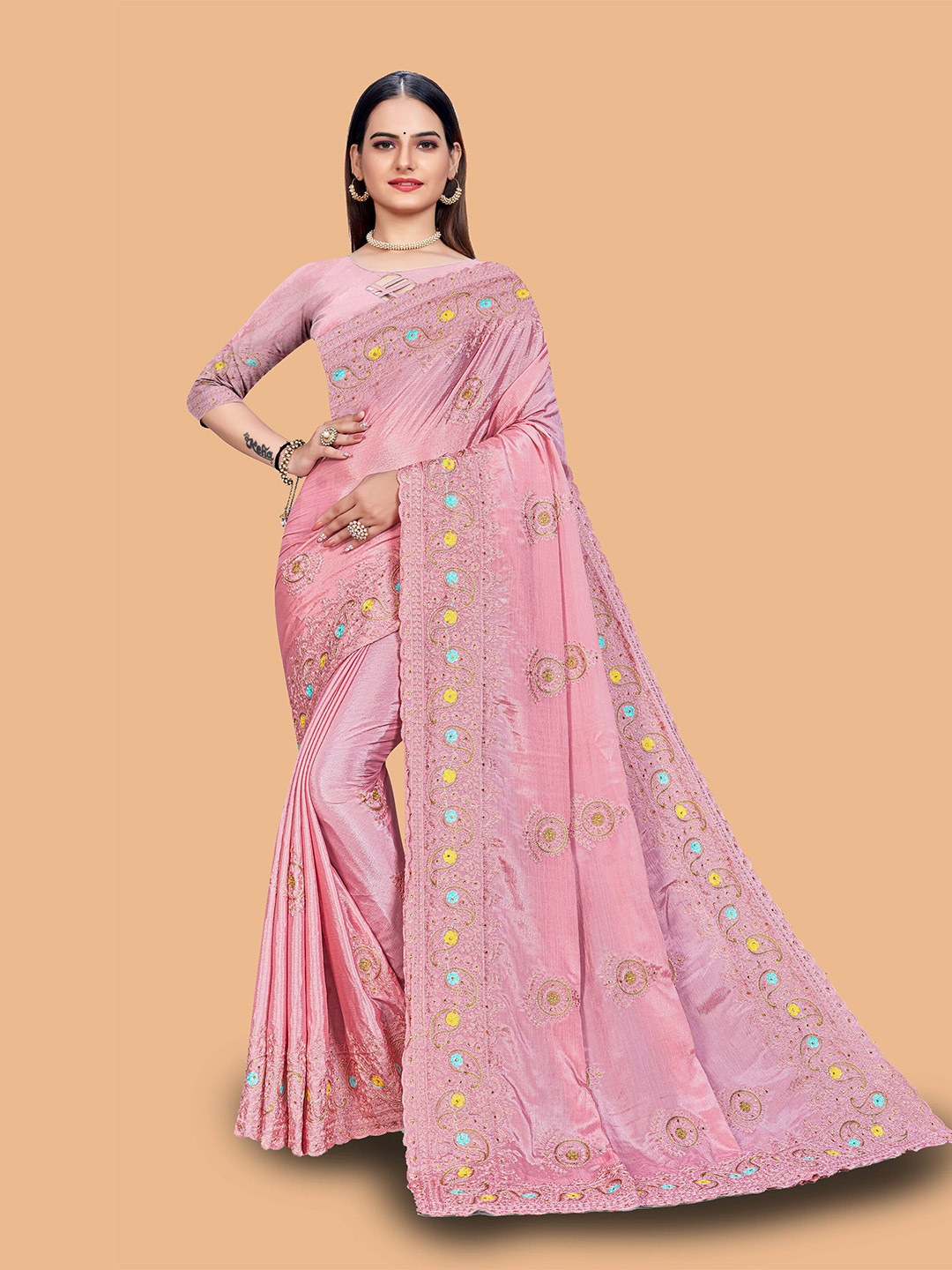 

Mitera Ethnic Motifs Embroidered Silk Blend Saree, Lavender