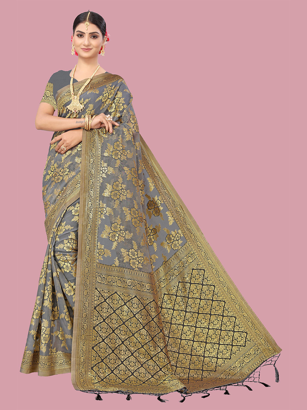 

Mitera Woven Design Zari Banarasi Saree, Grey