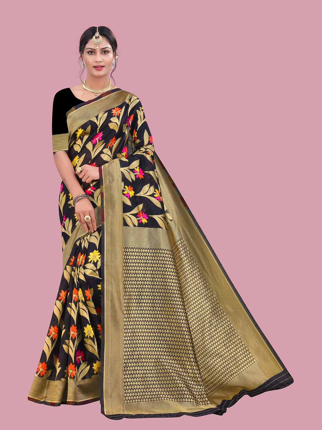 

KALINI Floral Zari Silk Cotton Banarasi Saree, Black