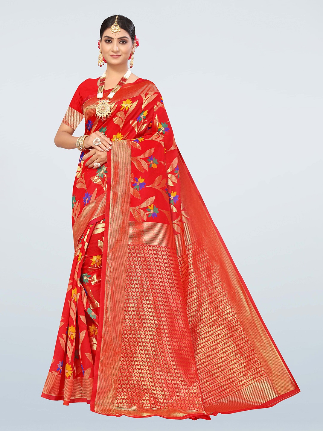 

KALINI Floral Zari Silk Cotton Banarasi Saree, Red