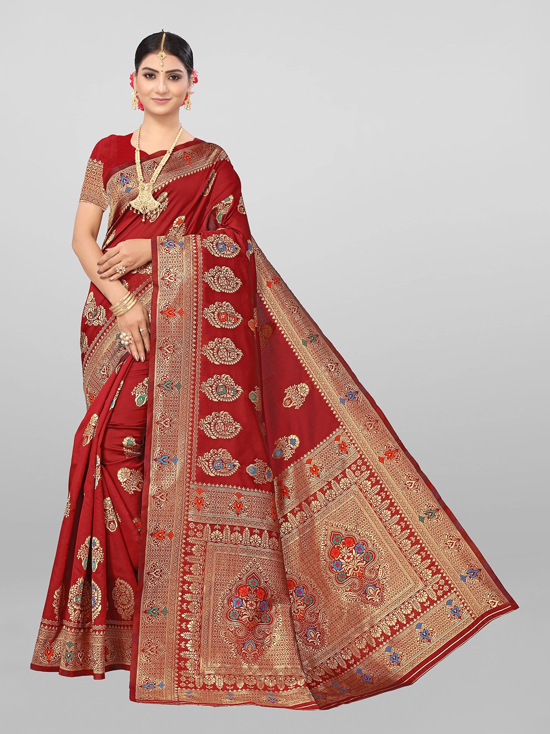 

KALINI Paisley Zari Silk Blend Banarasi Saree, Maroon