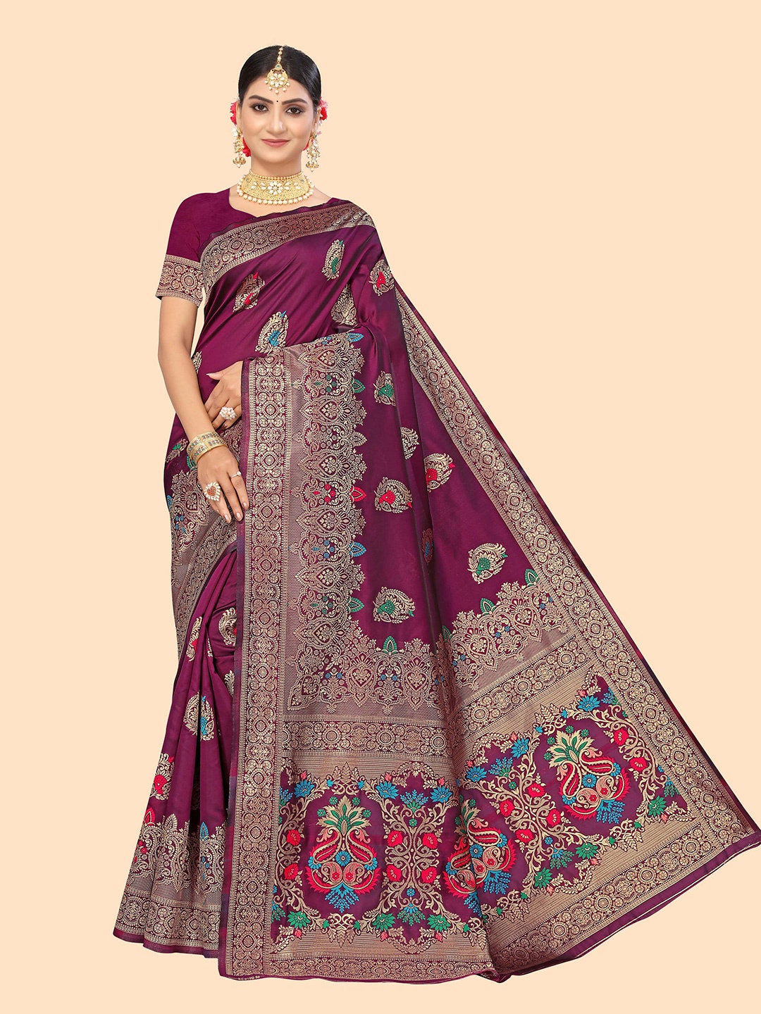 

KALINI Floral Zari Silk Blend Banarasi Saree, Purple