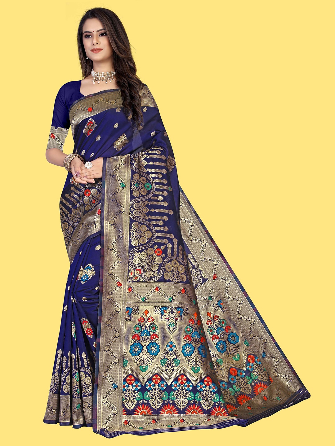 

KALINI Floral Zari Silk Blend Banarasi Saree, Navy blue
