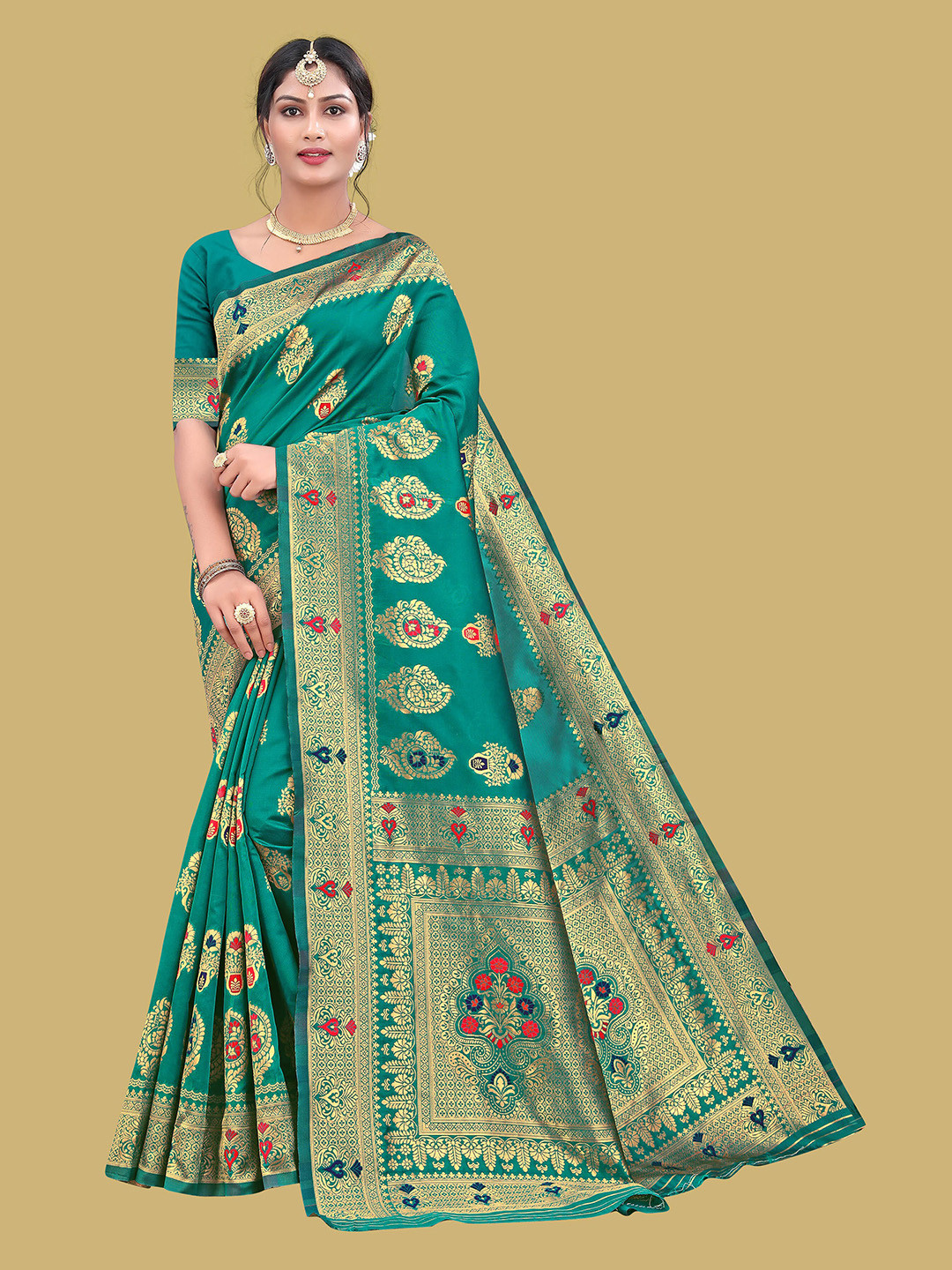 

KALINI Floral Zari Silk Blend Banarasi Saree, Green