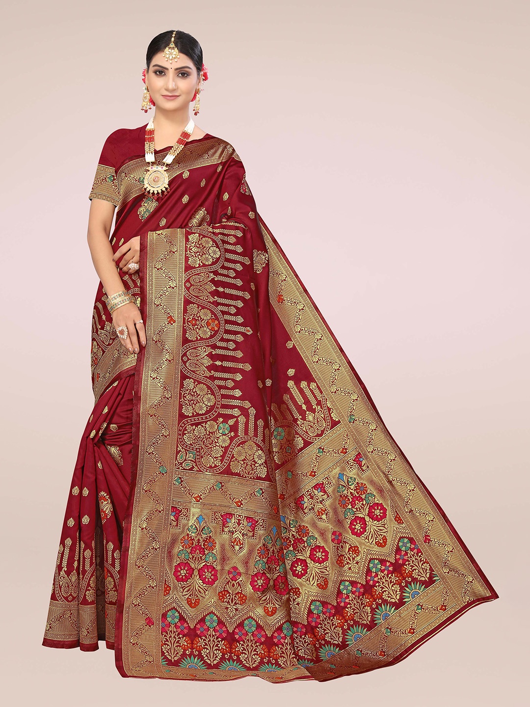 

KALINI Floral Zari Silk Blend Banarasi Saree, Maroon