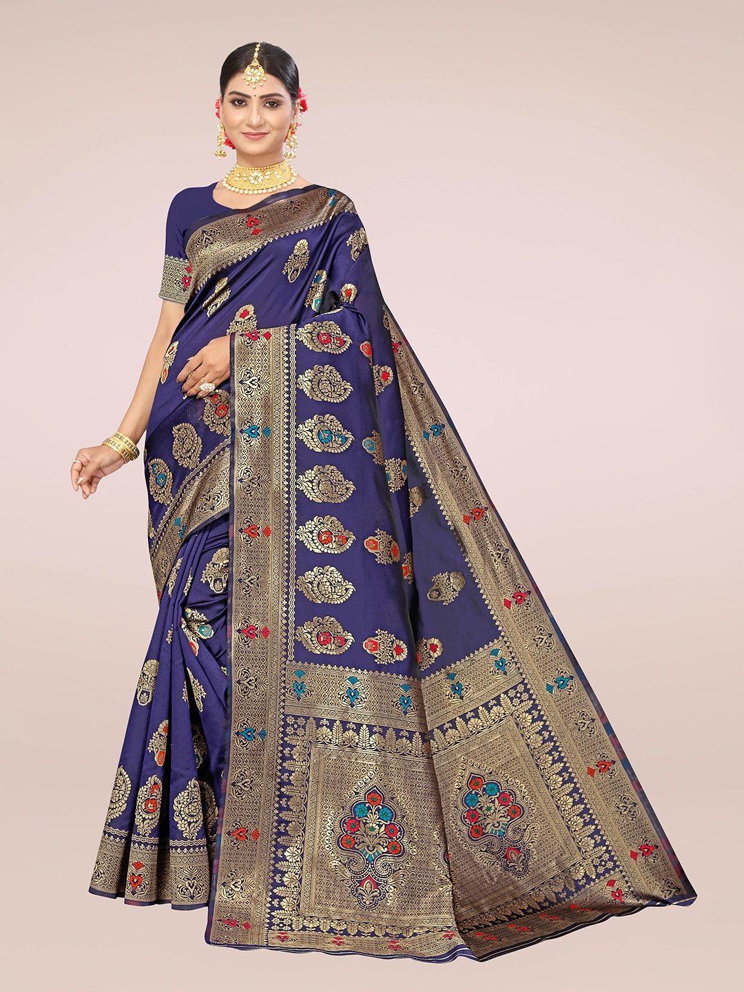

KALINI Paisley Zari Silk Blend Banarasi Saree, Navy blue