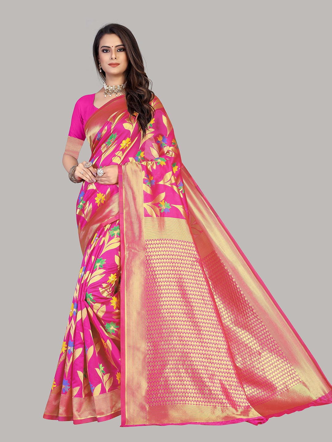 

KALINI Floral Zari Silk Cotton Banarasi Saree, Pink