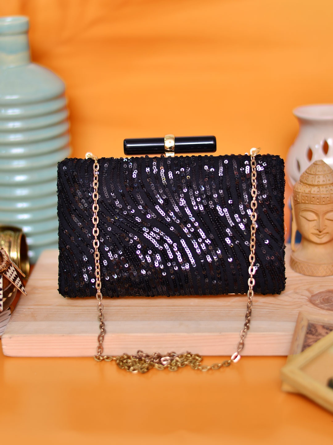 

ARTKLIM Black & Gold-Toned Embroidered Box Clutch