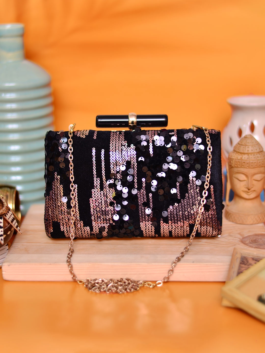 

ARTKLIM Black & Gold-Toned Embroidered Embellished Box Clutch