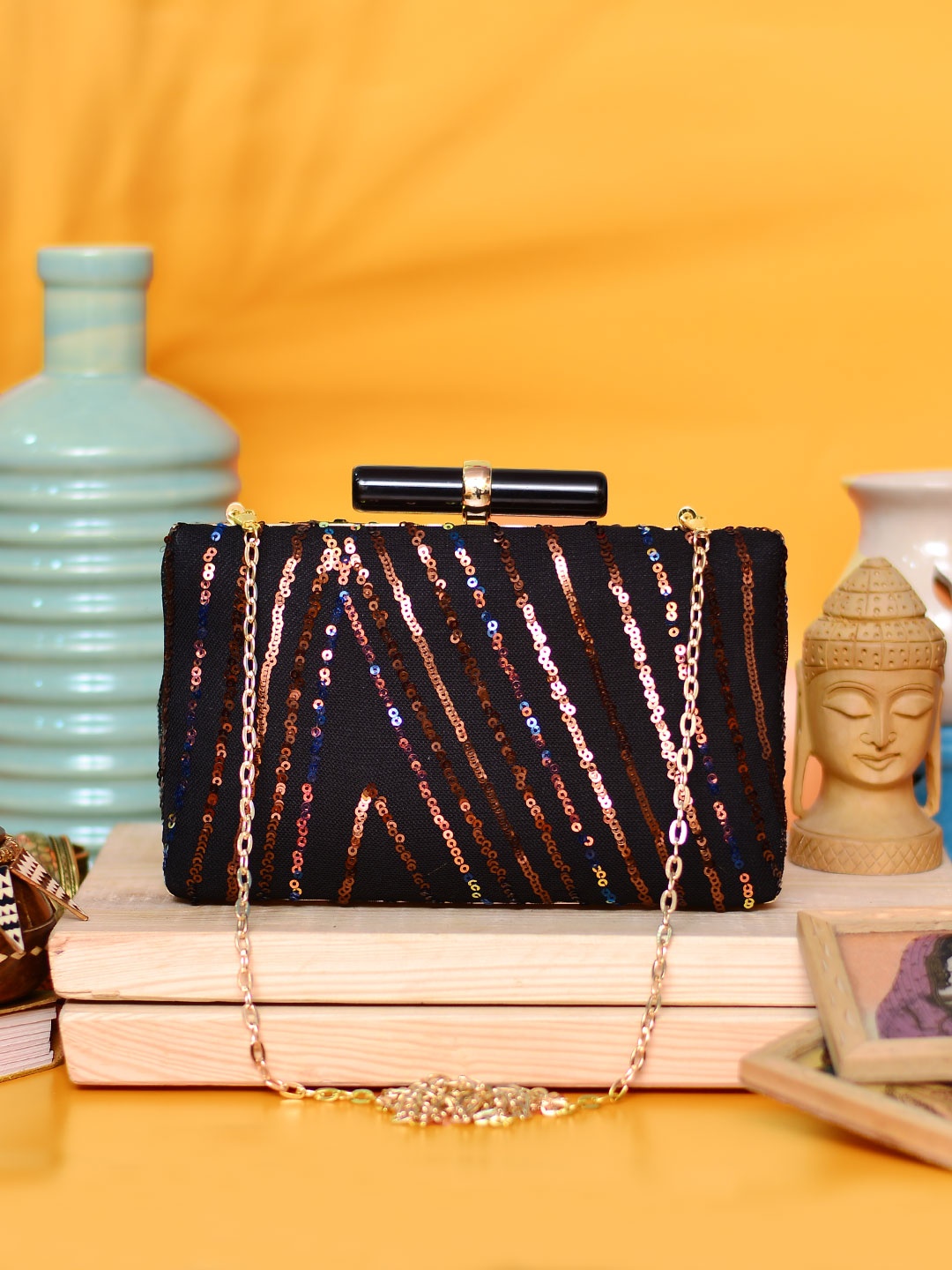 

ARTKLIM Black & Gold-Toned Embellished Embellished Box Clutch