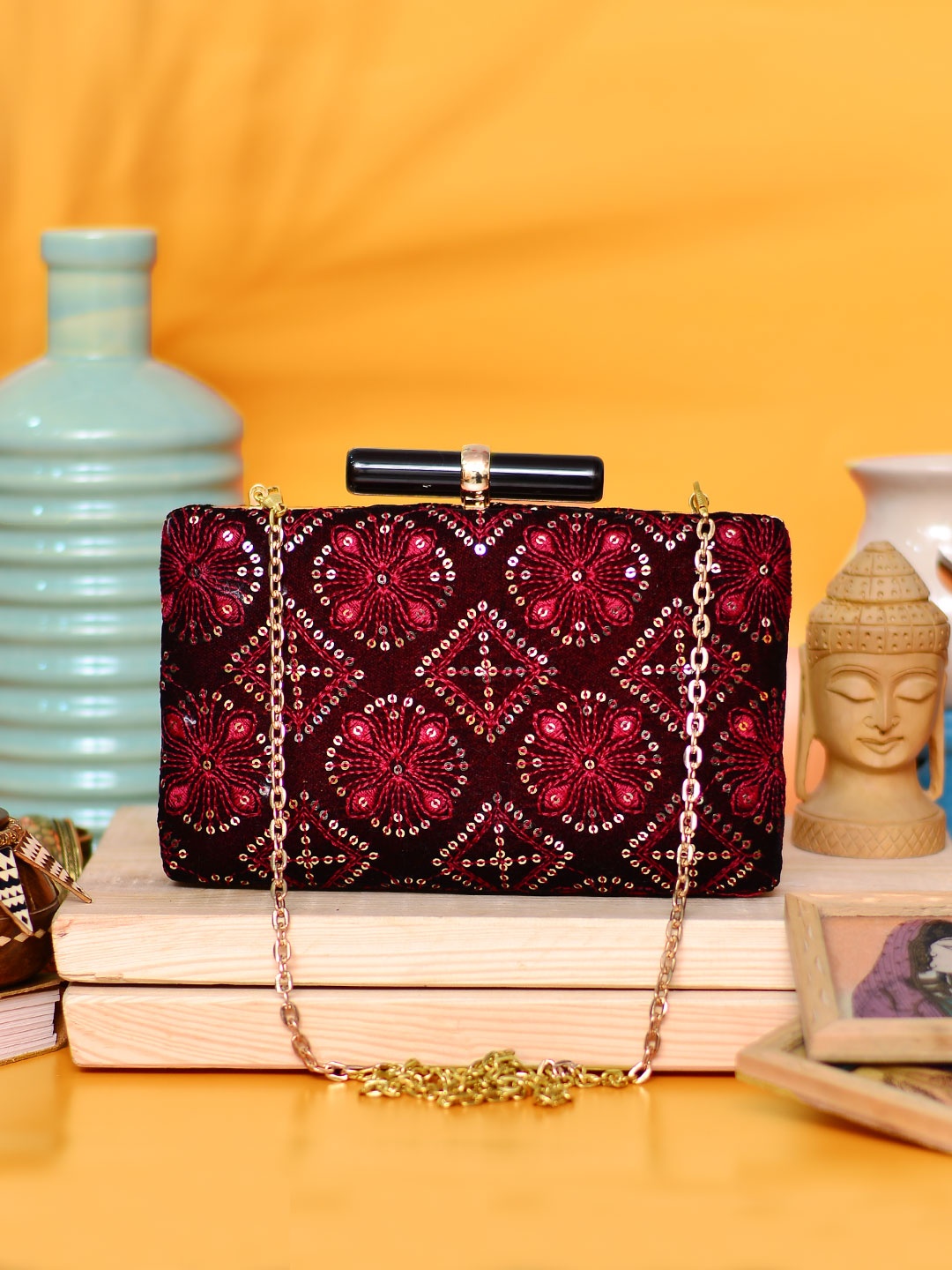 

ARTKLIM Maroon & Gold-Toned Embroidered Embroidered Box Clutch