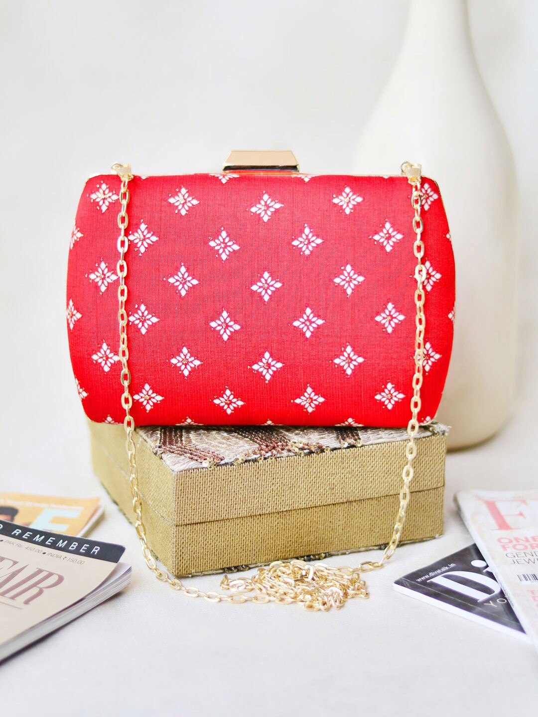 

ARTKLIM Red & Gold-Toned Embroidered Box Clutch
