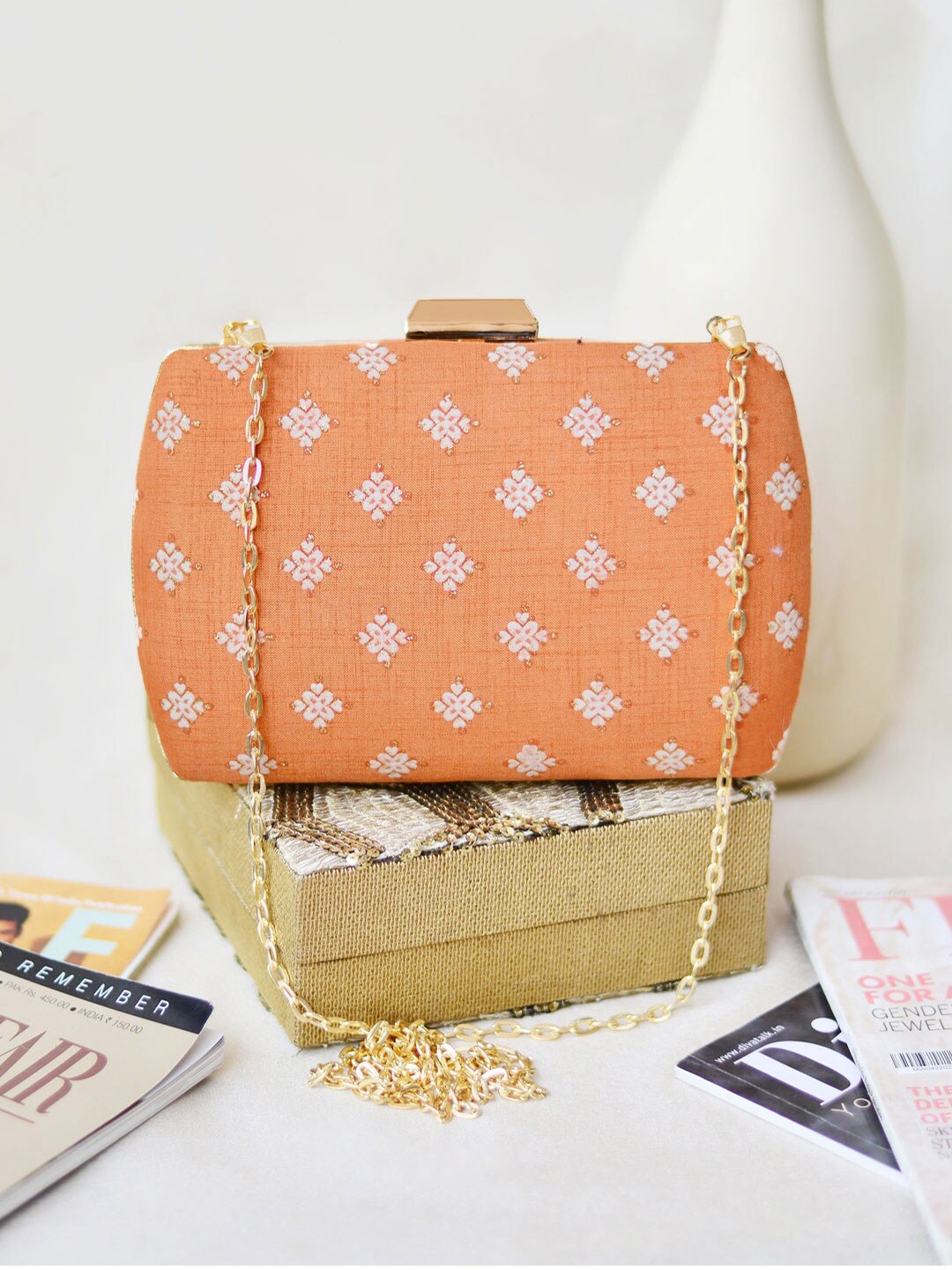 

ARTKLIM Brown & Gold-Toned Embroidered Box Clutch